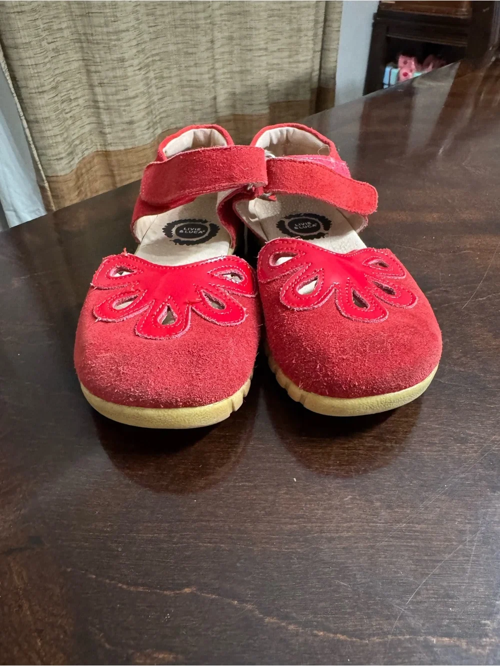Livie & Luca Red Suede Mary Jane Shoes with Floral Cutouts
